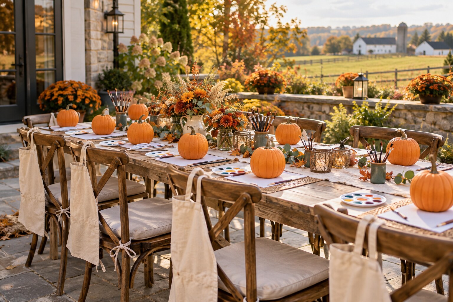 Outdoor pumpkin painting party table prepared with pumpkins, paints, and brushes