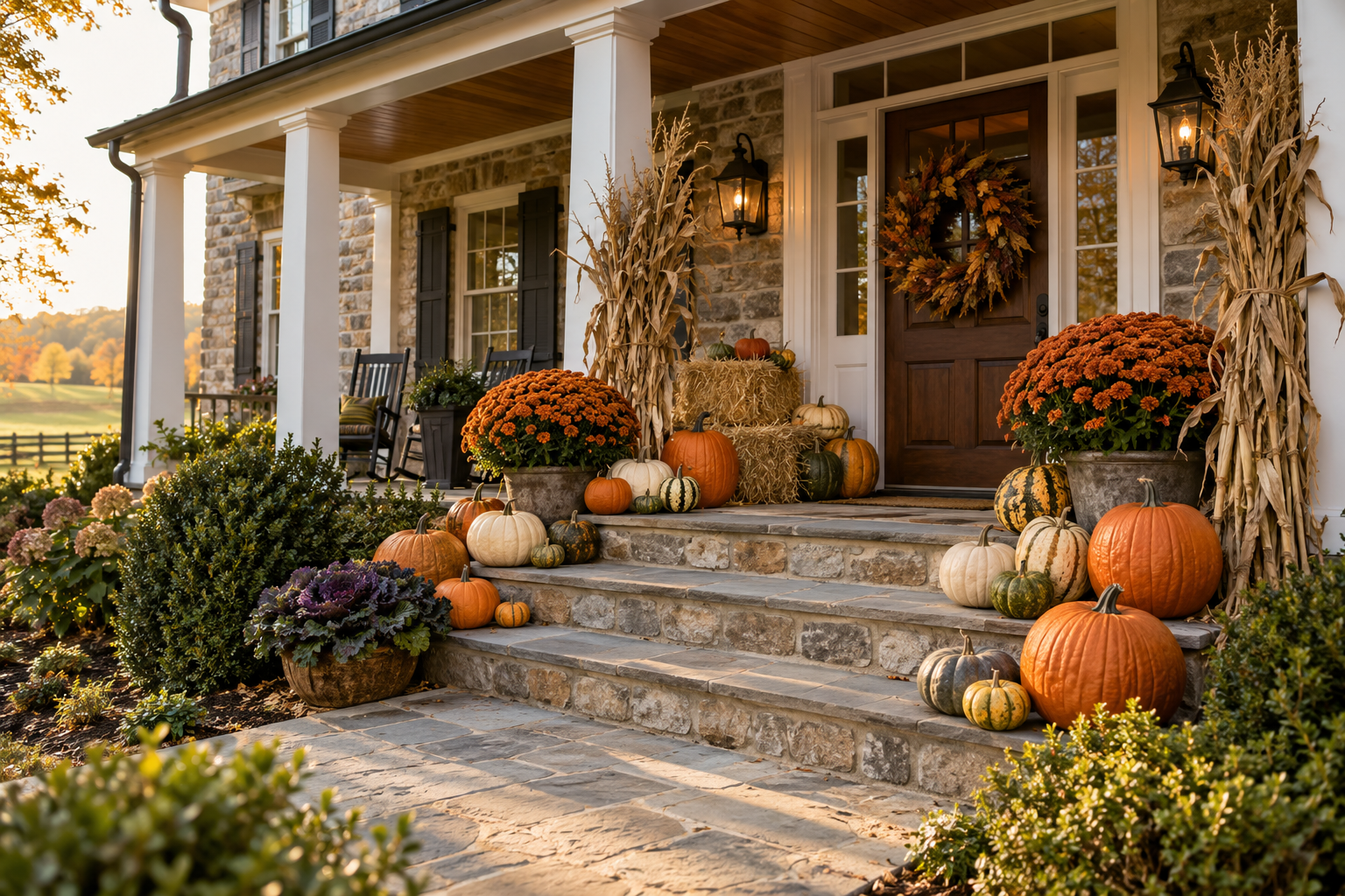 Elegant Lancaster County farmhouse porch styled with pumpkins, mums, hay bales and cornstalks