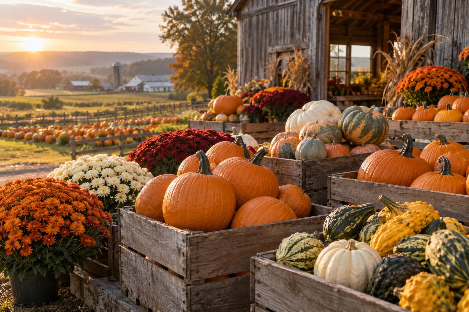 Pumpkins, gourds, and mums arranged in wooden crates at a Lancaster County farm